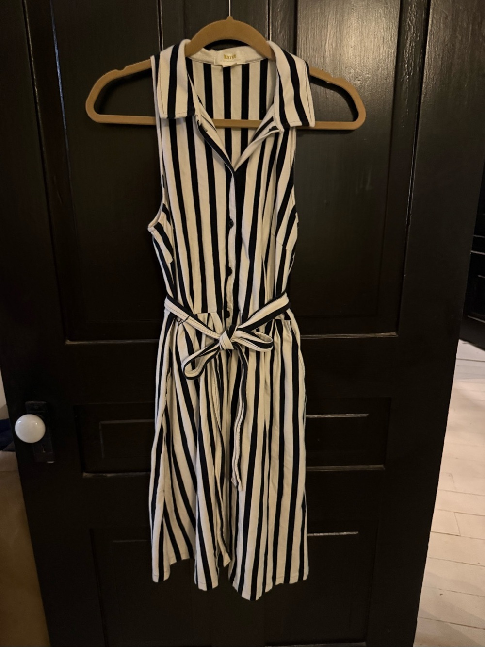 Maeve Navy and White Vertical-Stripe Midi Shirt Dressy